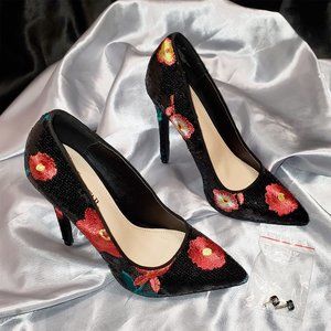 NIB JUSTFAB black sequin floral stitched high heel pumps FLORA SZ 7 HOT!